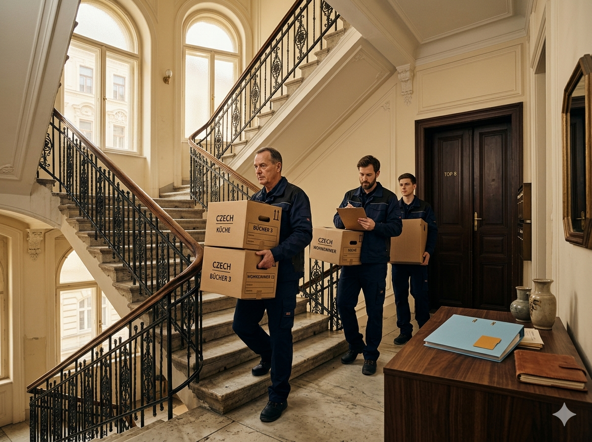 BKS-Räumungsteam in einem Wiener Altbau-Stiegenhaus während einer B2B-Räumung für Hausverwaltungen